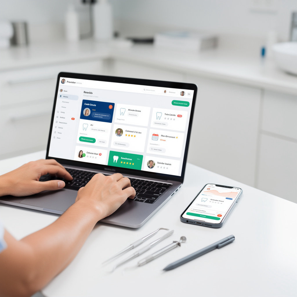 Mobile Dental App provider portal dashboard showcasing digital practice management and patient marketplace tools for dental professionals
